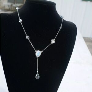 Ali Kahn New York Y-drop Necklace Opaque Clear Crystals Silvertone 18 inch